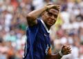 Kylian Mbappé celebrating one of his two goals against England at the World Cup 2026 third-place play-off in Miami.