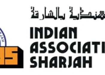 Sharjah Indian Association premises hosting a community consular service camp for Indian expatriates in the UAE.