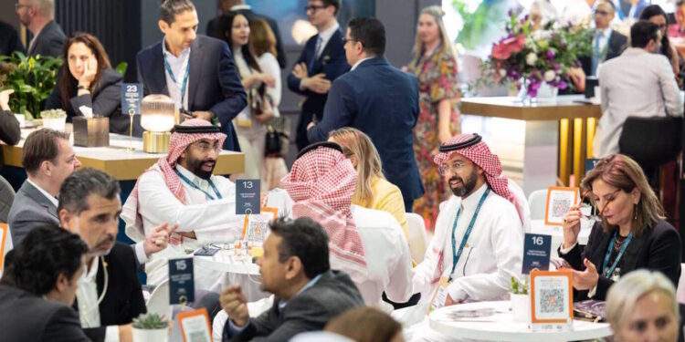 The exterior of Dubai World Trade Centre during a major international trade exhibition.
