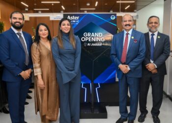 Alisha Moopen and Dr. Sherbaz Bichu presenting the Aster Clinics UAE 2030 expansion vision in Dubai.