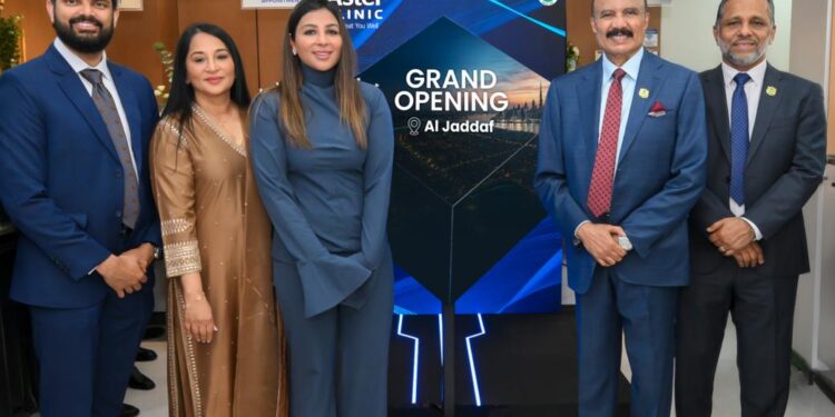 Alisha Moopen and Dr. Sherbaz Bichu presenting the Aster Clinics UAE 2030 expansion vision in Dubai.