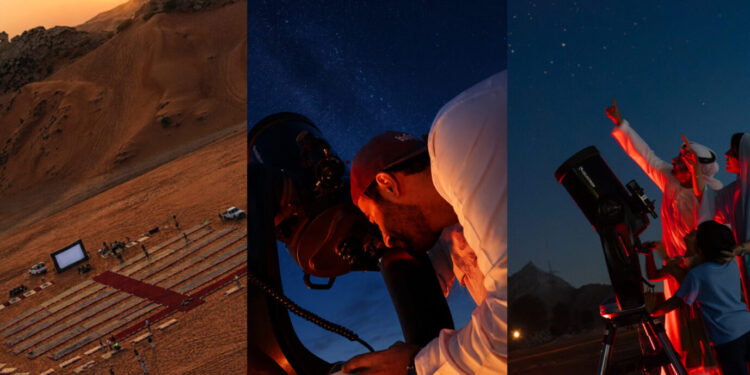 High-powered optical telescope set up in Mleiha desert against a starry night sky during the Perseids meteor shower.