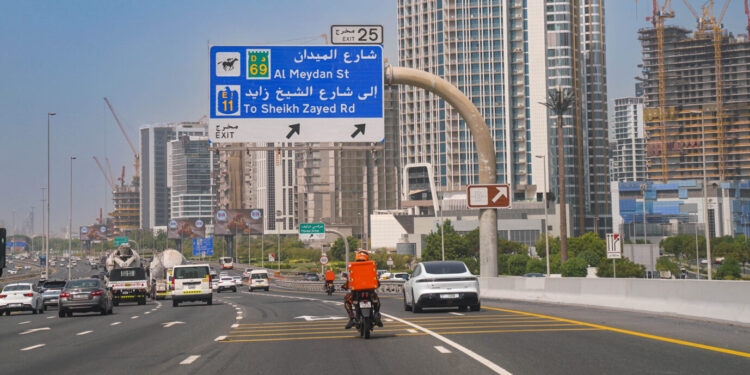 Overhead view of expanded traffic lanes on Al Khail Road in Dubai