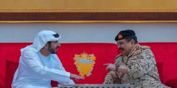 King Hamad bin Isa Al Khalifa receiving Sheikh Hamdan bin Mohammed bin Rashid Al Maktoum during the Bahrain Shield joint military exercise in Manama.