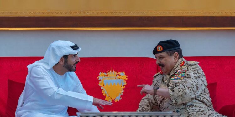 King Hamad bin Isa Al Khalifa receiving Sheikh Hamdan bin Mohammed bin Rashid Al Maktoum during the Bahrain Shield joint military exercise in Manama.