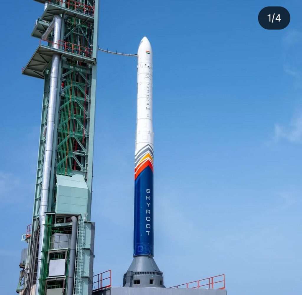 The Vikram-S rocket developed by Skyroot Aerospace lifting off from the Satish Dhawan Space Centre launchpad in Sriharikota.