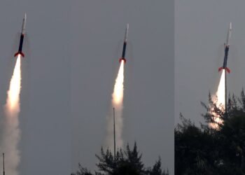 The Vikram-S rocket developed by Skyroot Aerospace lifting off from the Satish Dhawan Space Centre launchpad in Sriharikota.