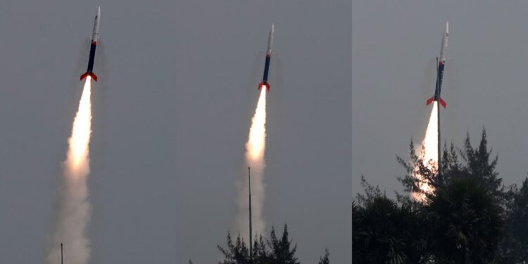 The Vikram-S rocket developed by Skyroot Aerospace lifting off from the Satish Dhawan Space Centre launchpad in Sriharikota.