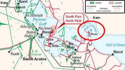 Detailed map highlighting the geography of the Strait of Hormuz and surrounding Gulf nations.