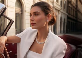 A display of contemporary natural diamond necklaces and stackable rings showcased at a Tanishq retail outlet in Dubai.