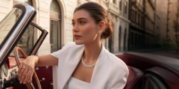 A display of contemporary natural diamond necklaces and stackable rings showcased at a Tanishq retail outlet in Dubai.