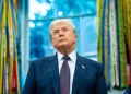 Donald Trump speaking at a press conference addressing Middle East security policy