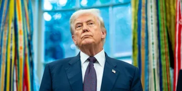 Donald Trump speaking at a press conference addressing Middle East security policy
