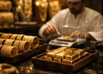 Gold bars and jewelry displayed in a retail store showcase in Dubai, UAE