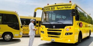 Dubai RTA school bus undergoing safety inspection ahead of the new academic year.