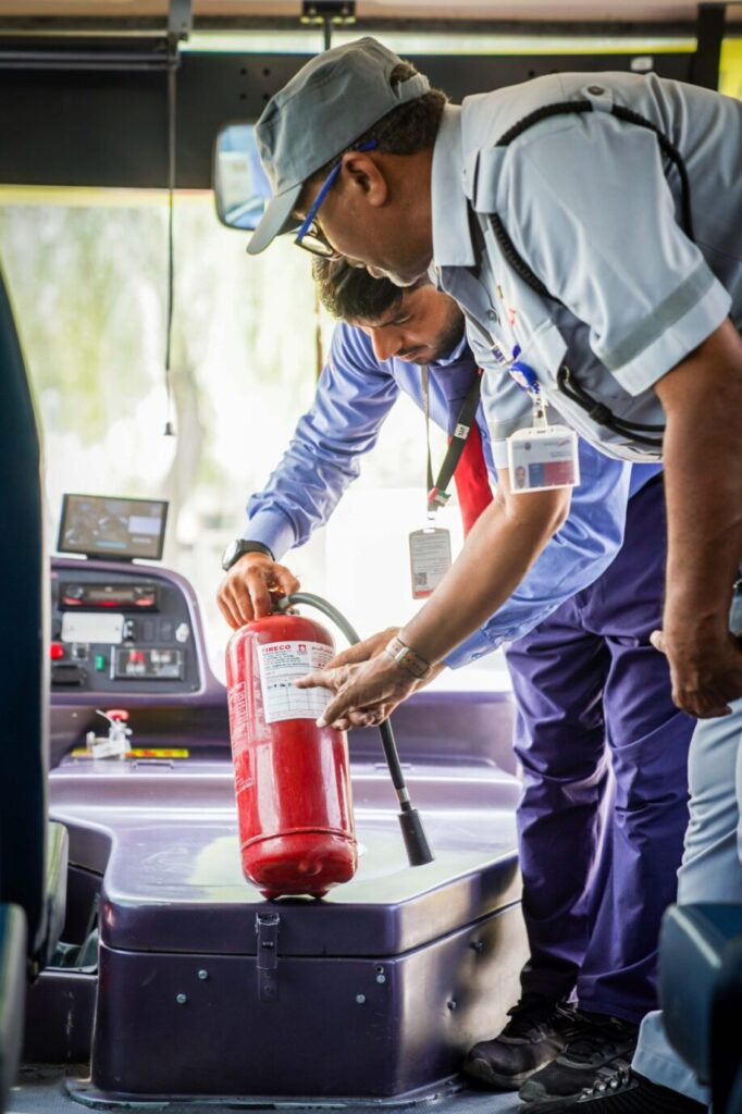 Dubai RTA school bus undergoing safety inspection ahead of the new academic year.