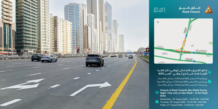 E22 Abu Dhabi Al Ain Road directional sign and highway view