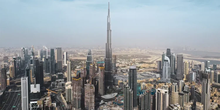 Sky view of residential buildings and skyline in Dubai, UAE