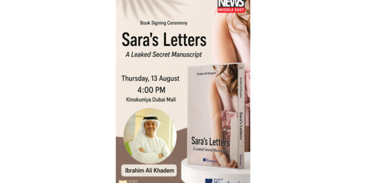Author Ibrahim Ali Khadem during a book signing event for Sara's Letters at Kinokuniya Dubai Mall