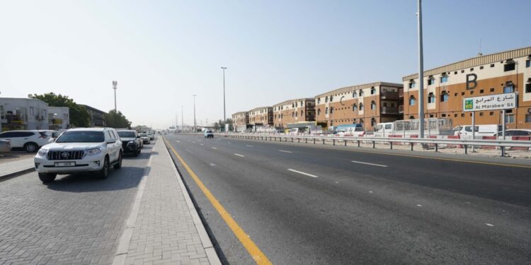 Expanded Al Marabea Street corridor in Dubai featuring newly constructed traffic lanes and street lighting.