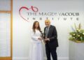 Sheikha Bodour bint Sultan Al Qasimi with Sir Magdi Yacoub at the Magdi Yacoub Institute in Harefield UK